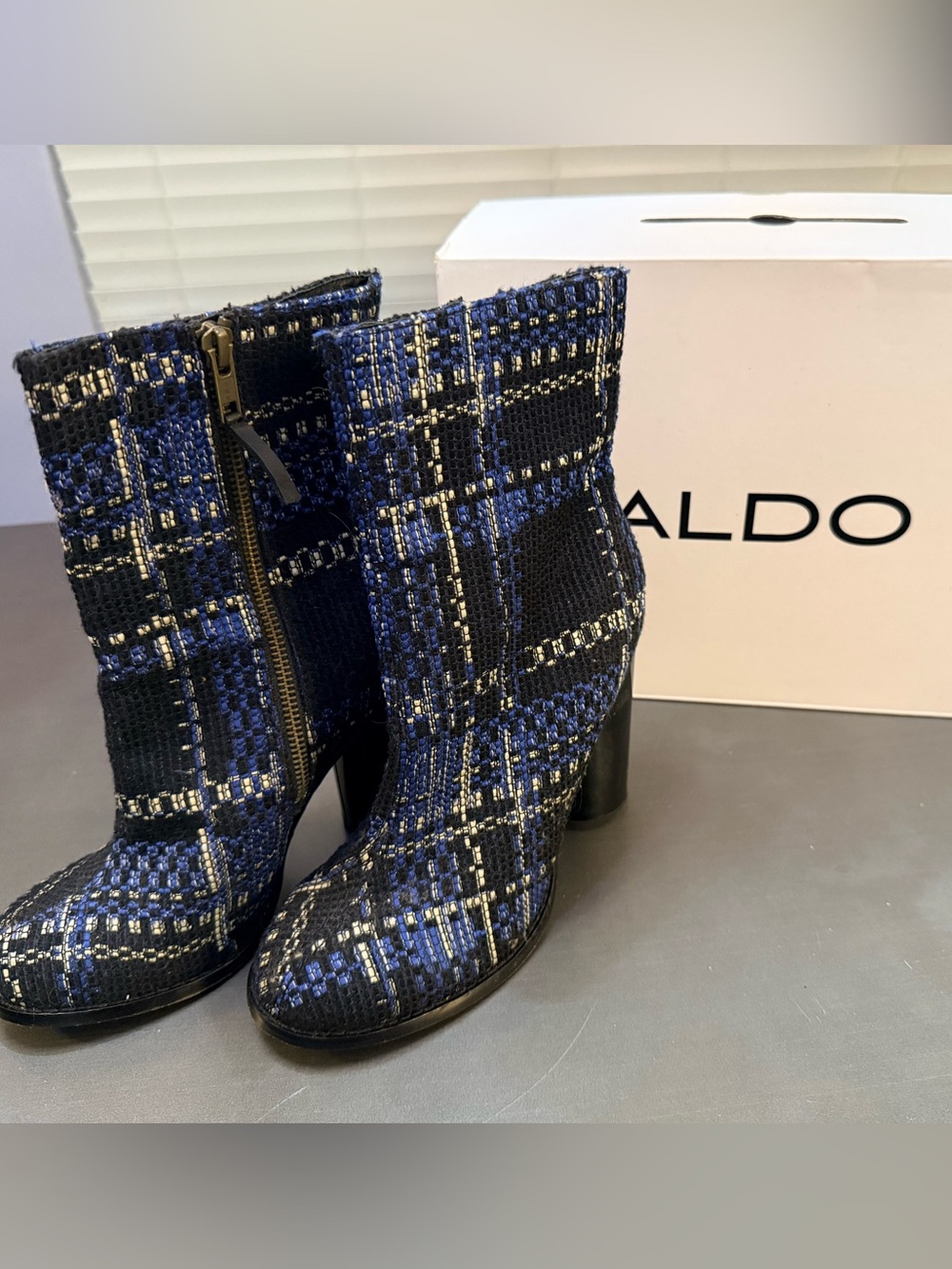 ALDO x Ostwald Helgason Rise Plaid Block Heel Ankle Boots Blue Black 7.5